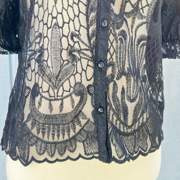 Story On Lace Sheer Balloon Sleeve Blouse Top Short Sleeve Black - Picture 8 of 12